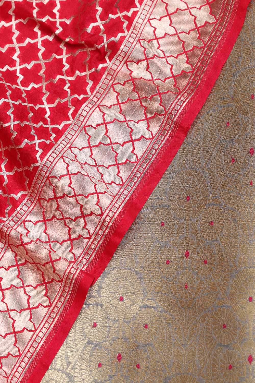 Grey Banarasi Silk Brocade Meenakari Suit With Red Banarasi Silk Dupatta