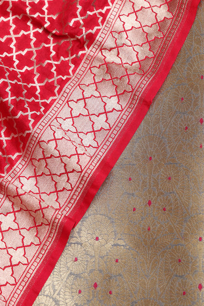 Grey Banarasi Silk Brocade Meenakari Suit With Red Banarasi Silk Dupatta