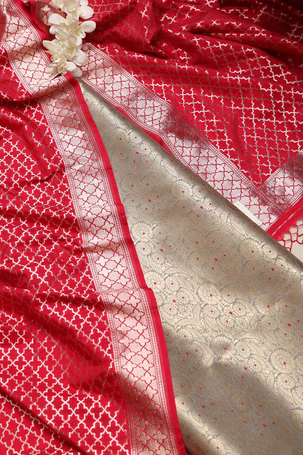 Grey Banarasi Silk Brocade Meenakari Suit With Red Banarasi Silk Dupatta - Luxurion World