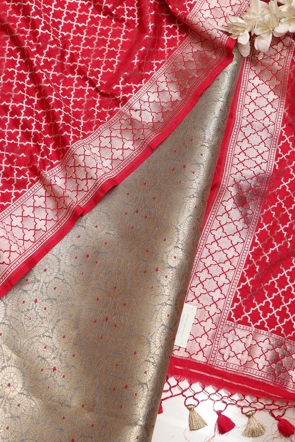 Grey Banarasi Silk Brocade Meenakari Suit With Red Banarasi Silk Dupatta