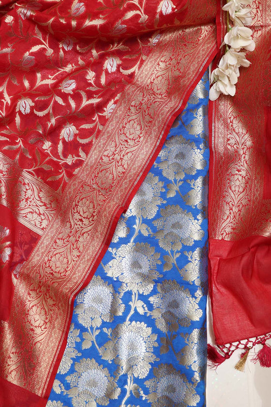 IS4B125122903 Blue Banarasi Silk Suit With Red Banarasi Cotton Silk Dupatta