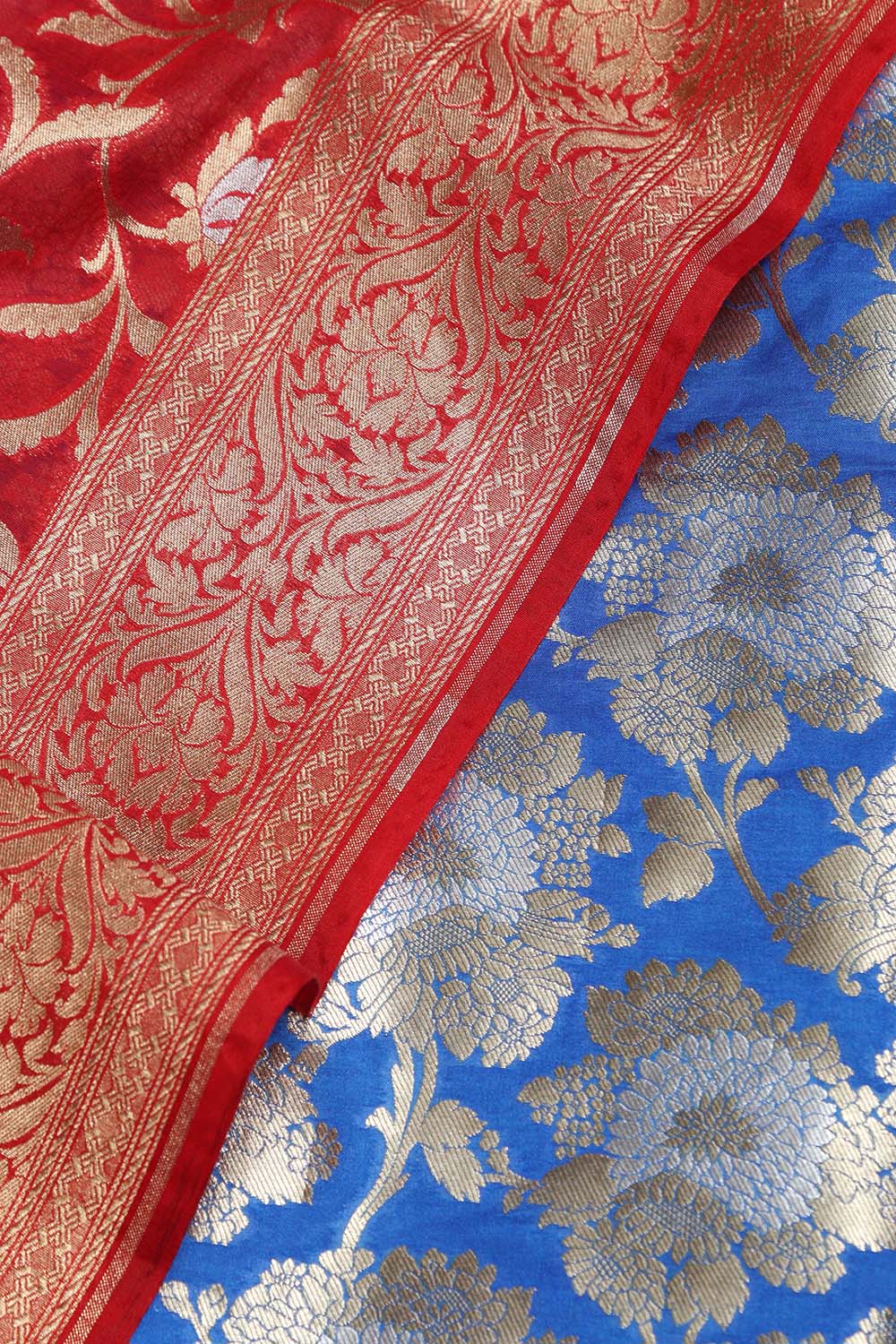 Blue Banarasi Silk Suit With Red Banarasi Cotton Silk Dupatta