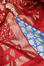 Blue Banarasi Silk Suit With Red Banarasi Cotton Silk Dupatta - Luxurion World