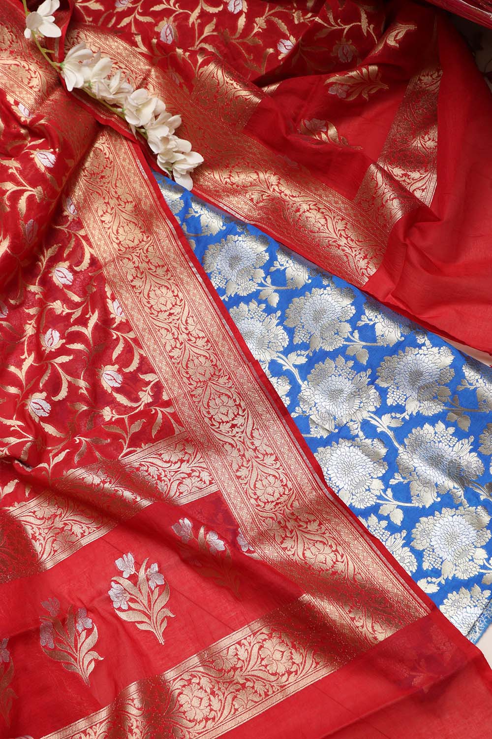Blue Banarasi Silk Suit With Red Banarasi Cotton Silk Dupatta - Luxurion World