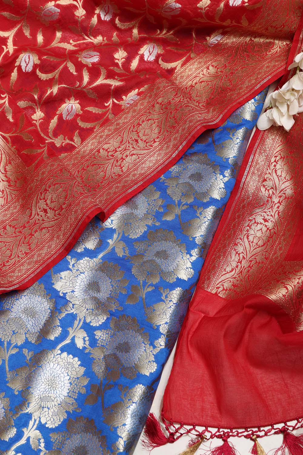 Blue Banarasi Silk Suit With Red Banarasi Cotton Silk Dupatta