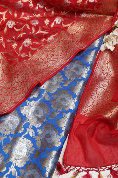 Blue Banarasi Silk Suit With Red Banarasi Cotton Silk Dupatta