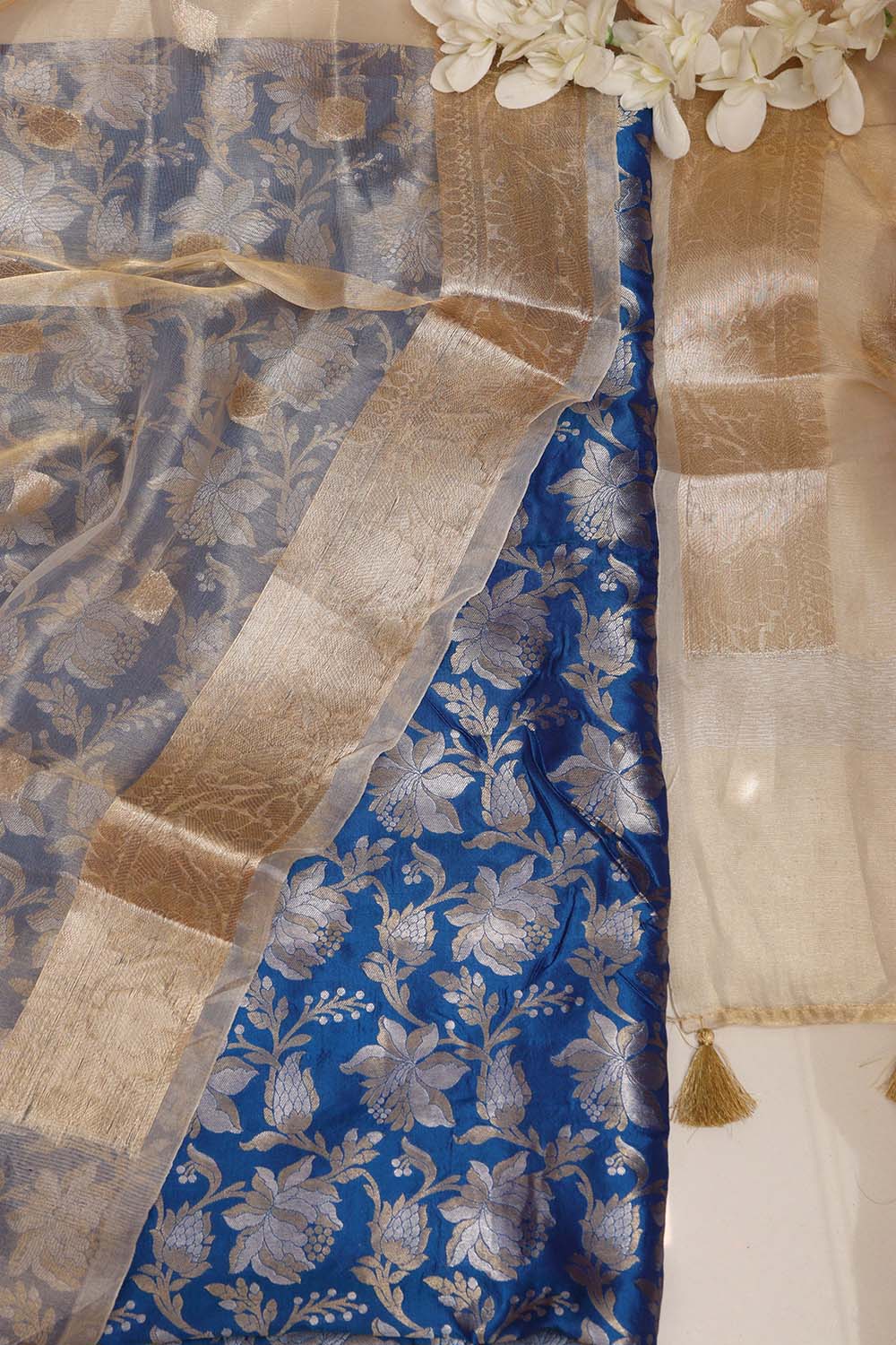 Blue Banarasi Pure Katan Silk Sona Roopa Flower Design Suit With Dyeable Banarasi Tissue Silk Dupatta