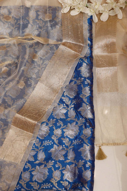 Blue Banarasi Pure Katan Silk Sona Roopa Flower Design Suit With Dyeable Banarasi Tissue Silk Dupatta