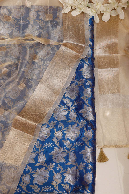 Blue Banarasi Pure Katan Silk Sona Roopa Flower Design Suit With Dyeable Banarasi Tissue Silk Dupatta - Luxurion World