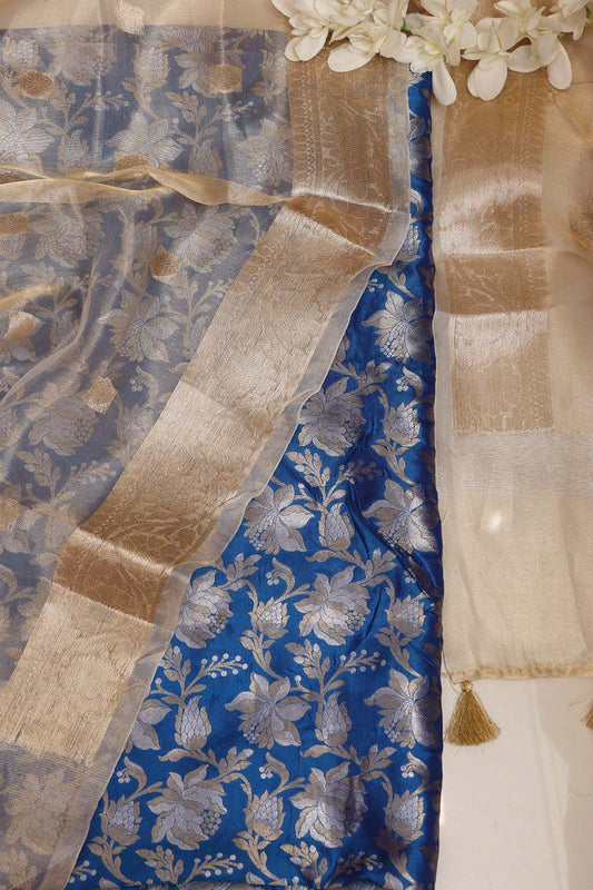 IS4B125122904Blue Banarasi Pure Katan Silk Sona Roopa Flower Design Suit With Dyeable Banarasi Tissue Silk Dupatta