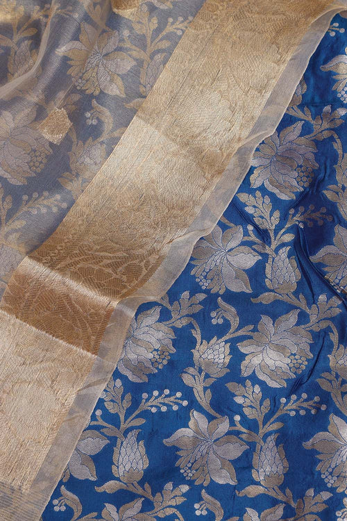 Blue Banarasi Pure Katan Silk Sona Roopa Flower Design Suit With Dyeable Banarasi Tissue Silk Dupatta - Luxurion World