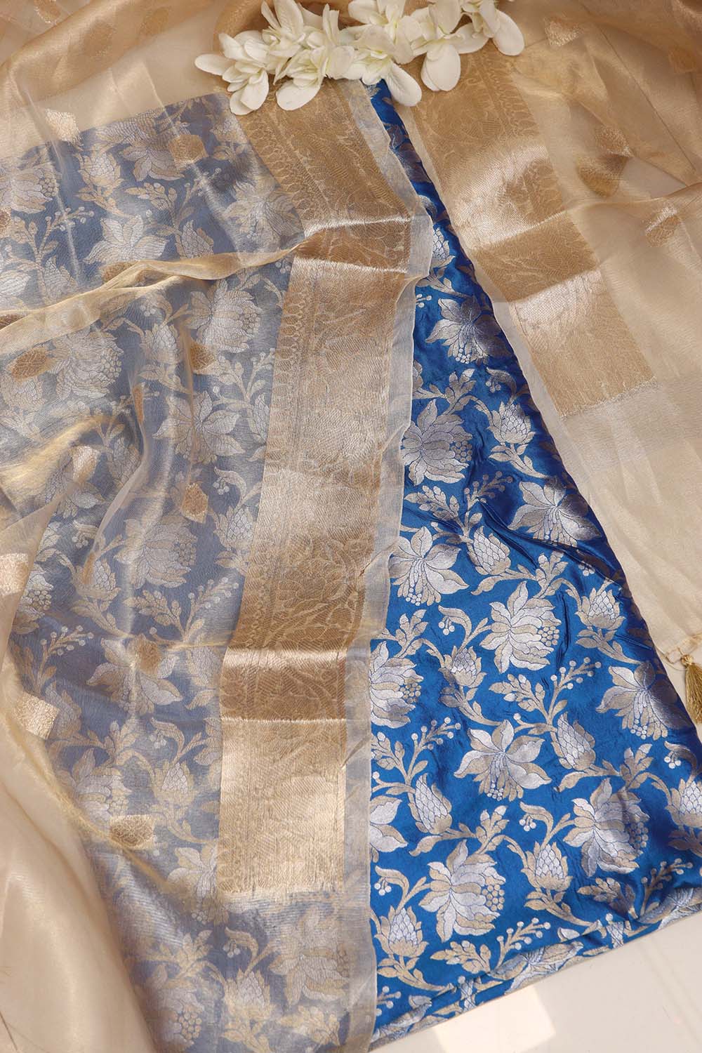 Blue Banarasi Pure Katan Silk Sona Roopa Flower Design Suit With Dyeable Banarasi Tissue Silk Dupatta