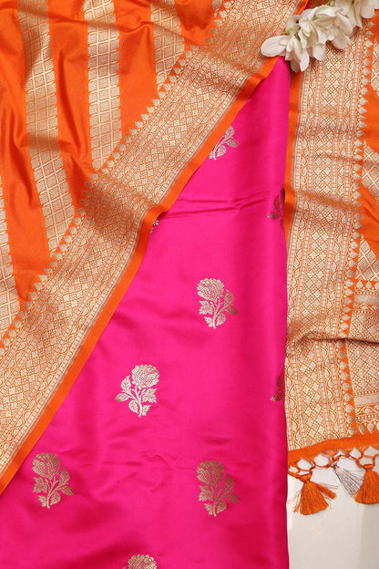 Pink Handloom Banarasi Silk Flower Design Suit With Orange Banarasi Silk Stripe Design Dupatta