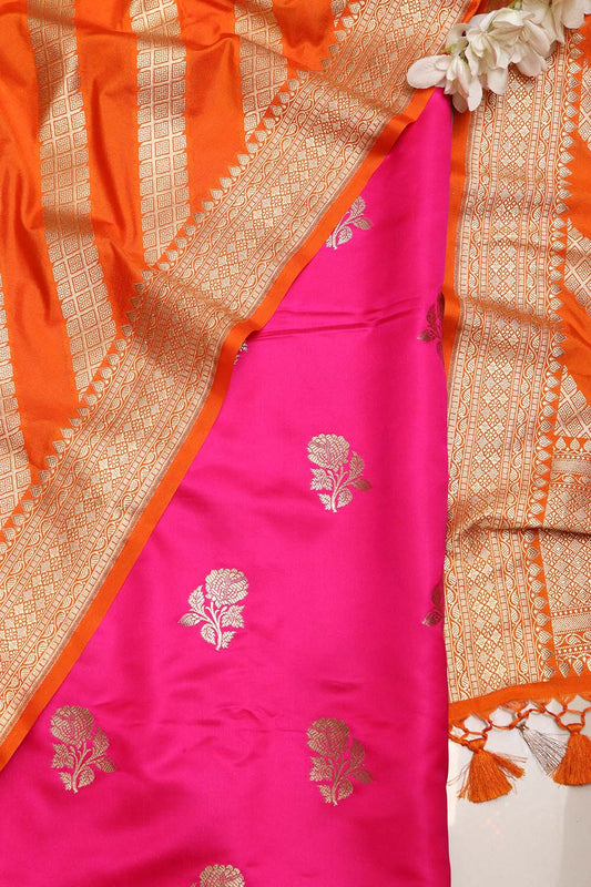 IS4B125122905 Pink Handloom Banarasi Silk Flower Design Suit With Orange Banarasi Silk Stripe Design Dupatta