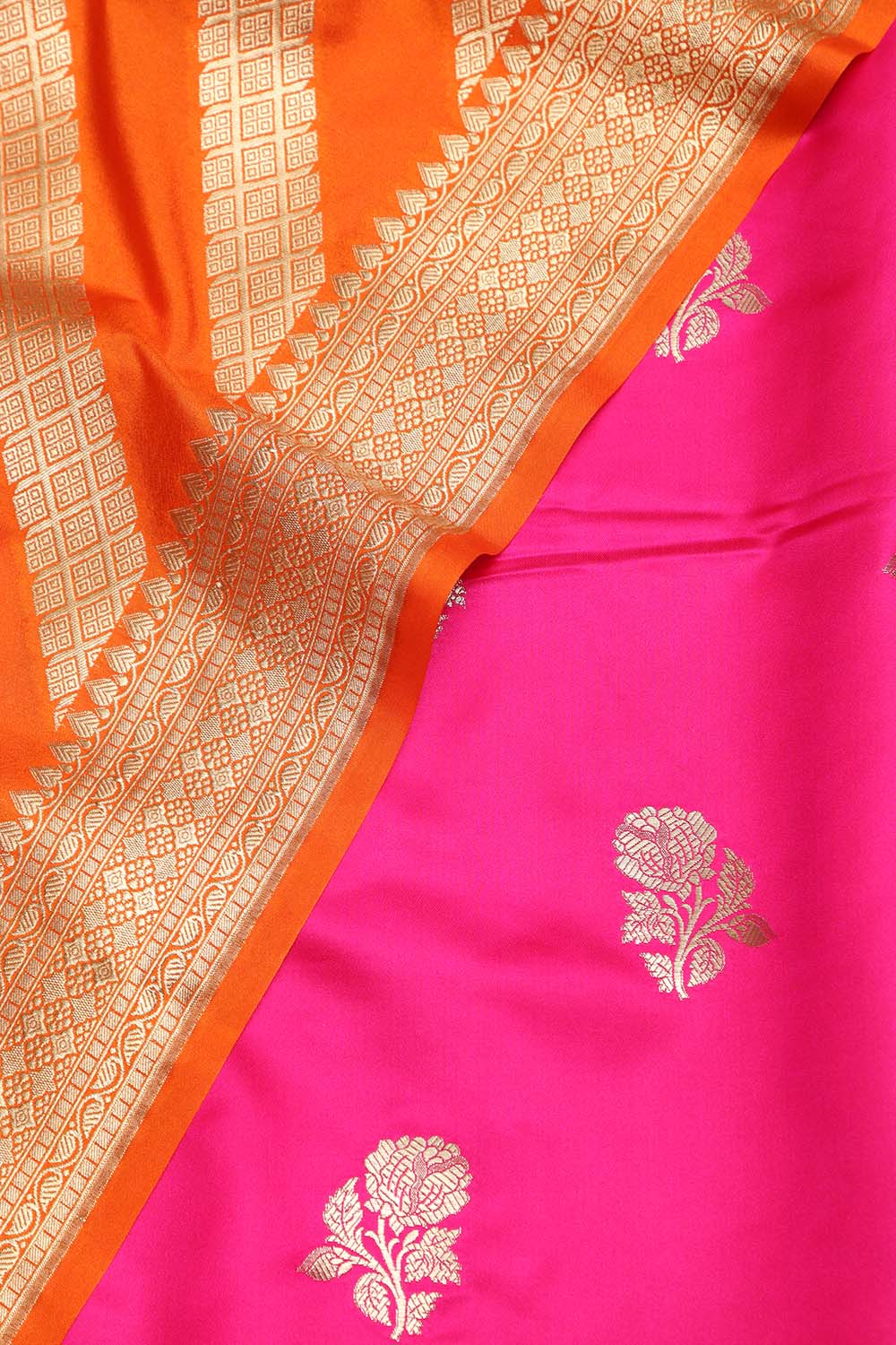 Pink Handloom Banarasi Silk Flower Design Suit With Orange Banarasi Silk Stripe Design Dupatta - Luxurion World