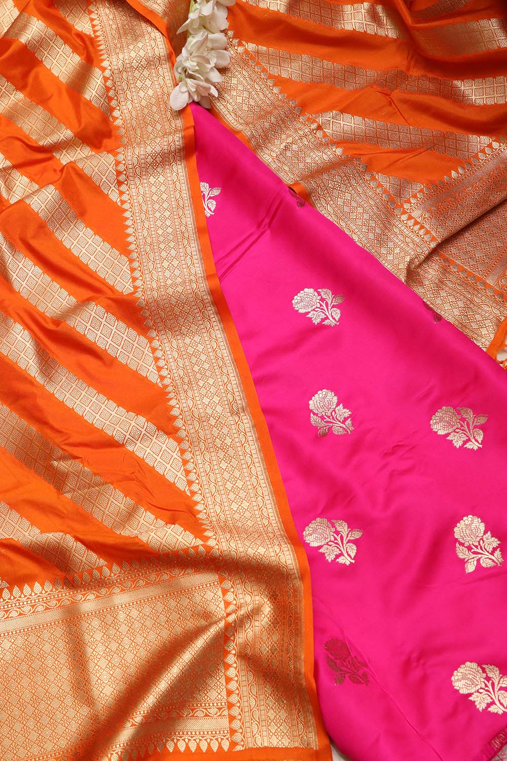 Pink Handloom Banarasi Silk Flower Design Suit With Orange Banarasi Silk Stripe Design Dupatta