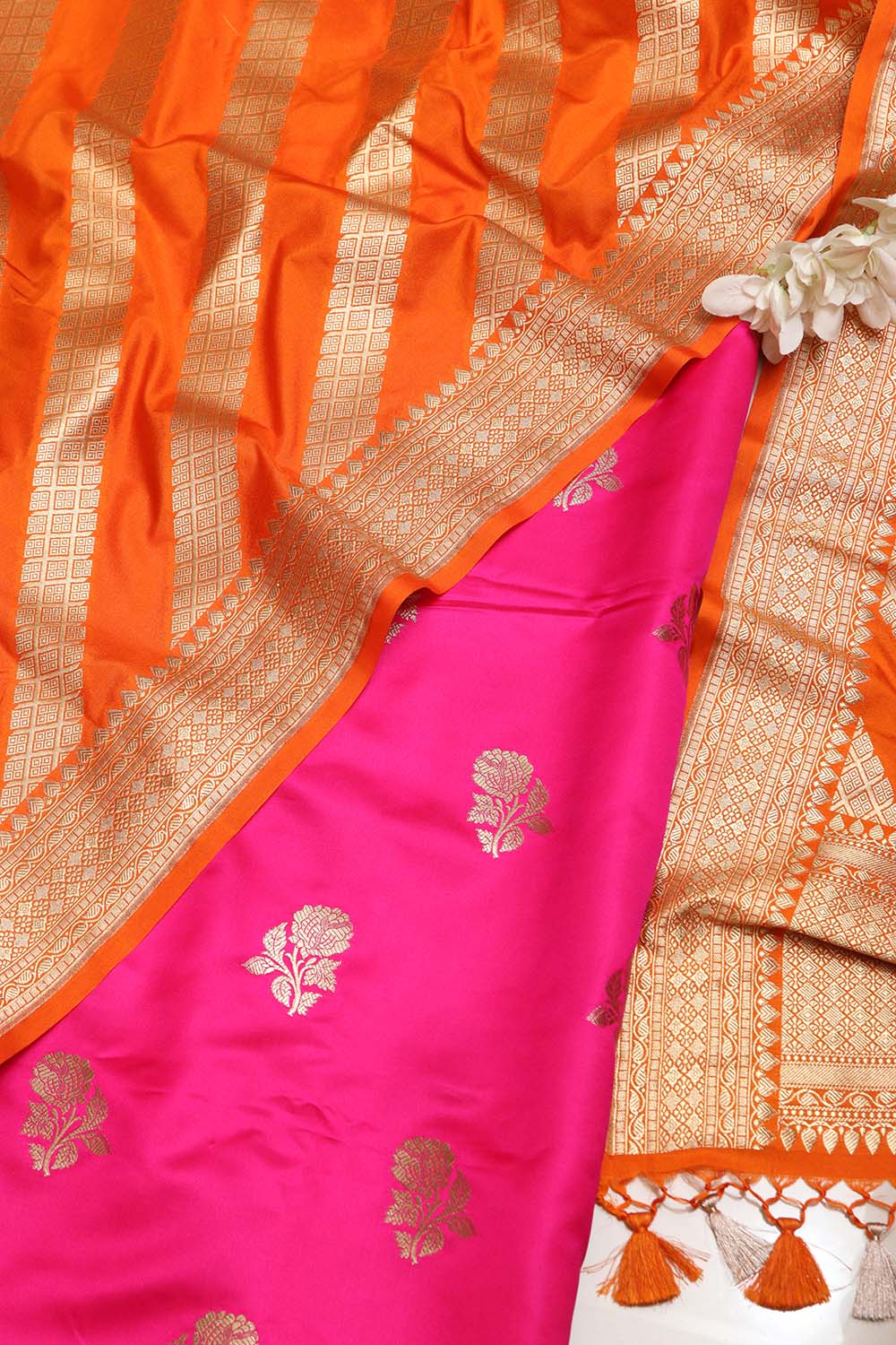 Pink Handloom Banarasi Silk Flower Design Suit With Orange Banarasi Silk Stripe Design Dupatta