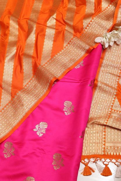 Pink Handloom Banarasi Silk Flower Design Suit With Orange Banarasi Silk Stripe Design Dupatta