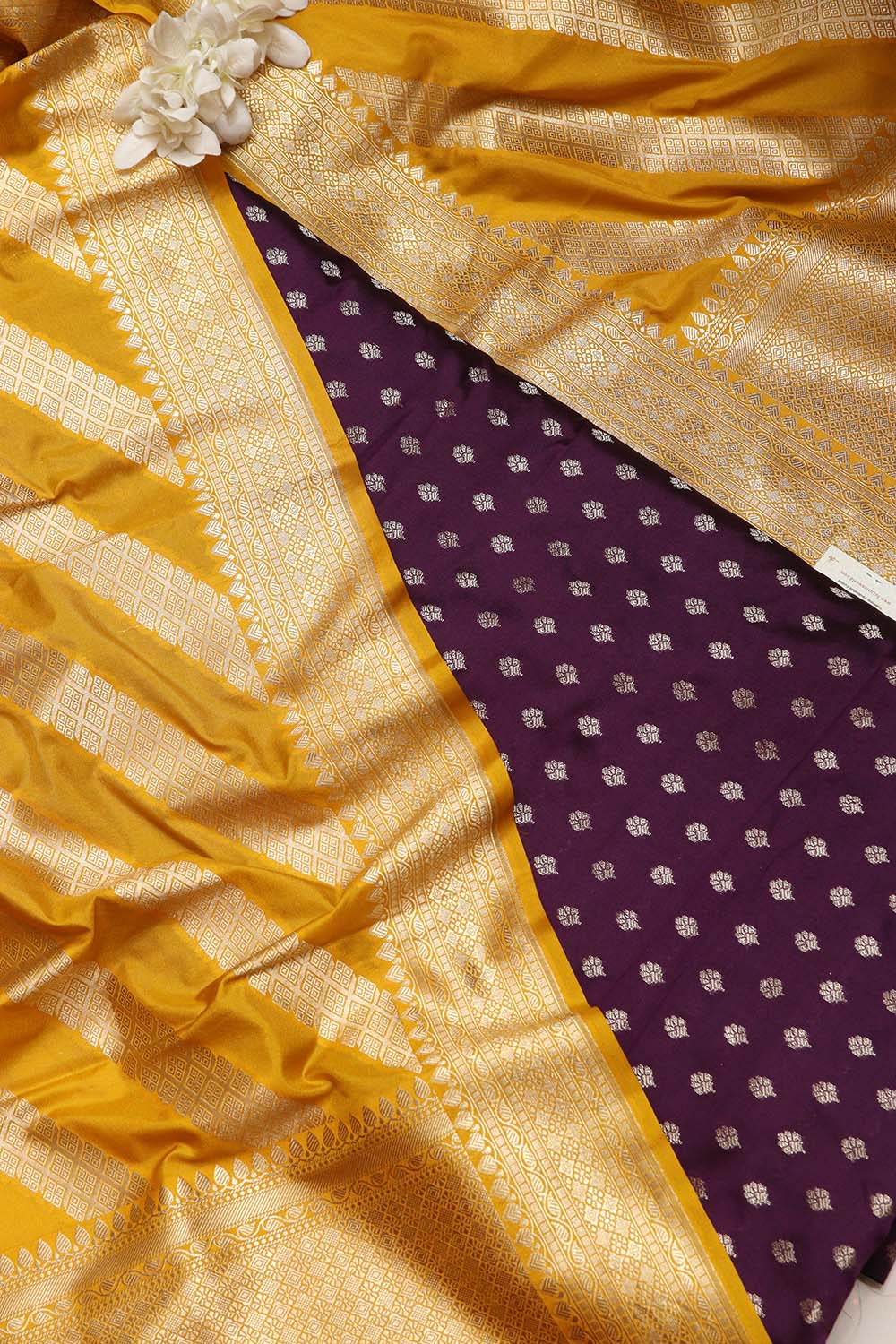 Purple Banarasi Silk Small Booti Design Suit With Yellow Banarasi Silk Stripe Design Dupatta - Luxurion World