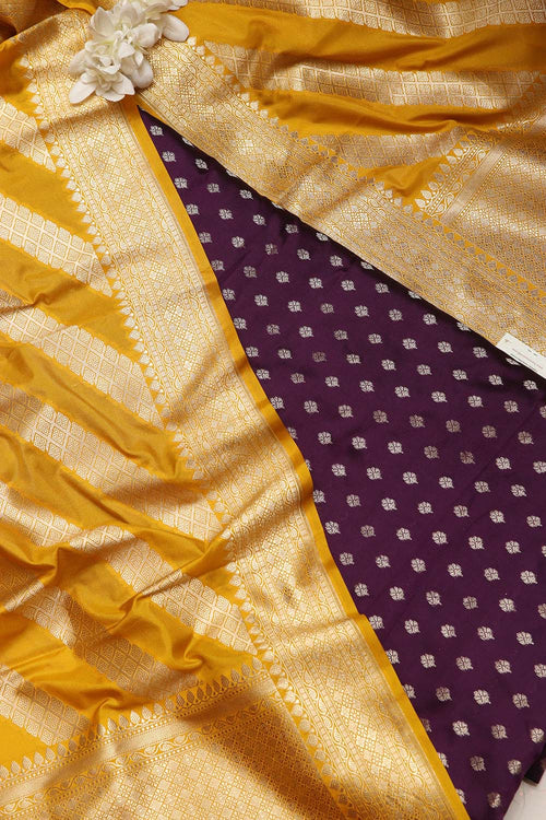 Purple Banarasi Silk Small Booti Design Suit With Yellow Banarasi Silk Stripe Design Dupatta - Luxurion World