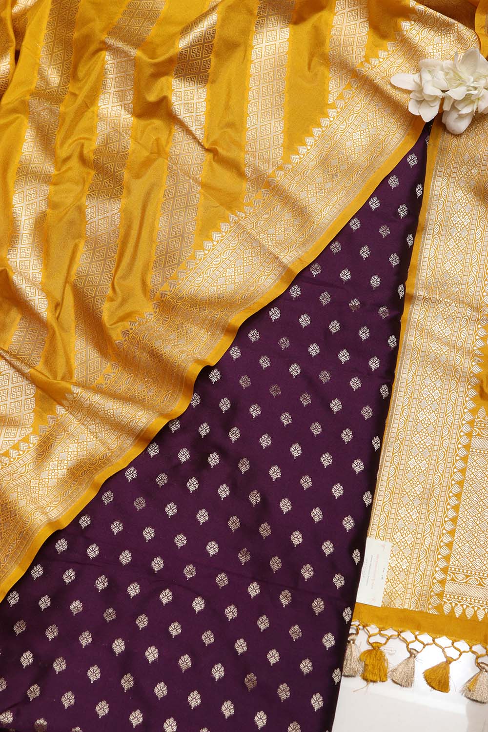 Purple Banarasi Silk Small Booti Design Suit With Yellow Banarasi Silk Stripe Design Dupatta - Luxurion World