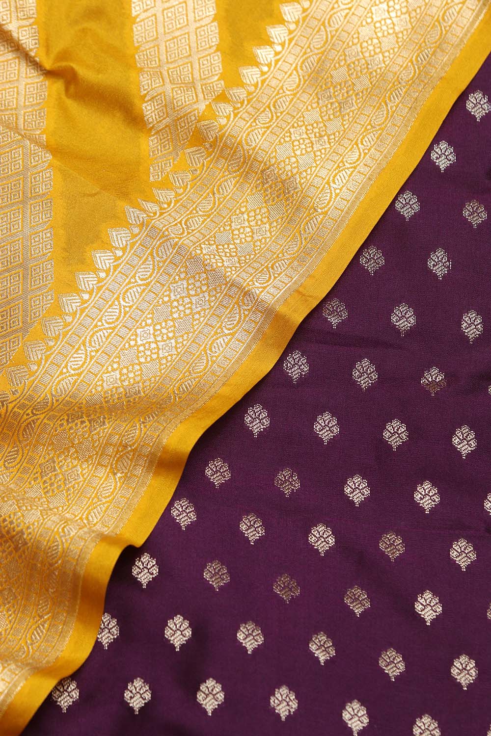 Purple Banarasi Silk Small Booti Design Suit With Yellow Banarasi Silk Stripe Design Dupatta - Luxurion World