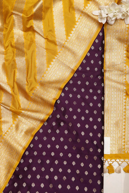 Purple Banarasi Silk Small Booti Design Suit With Yellow Banarasi Silk Stripe Design Dupatta