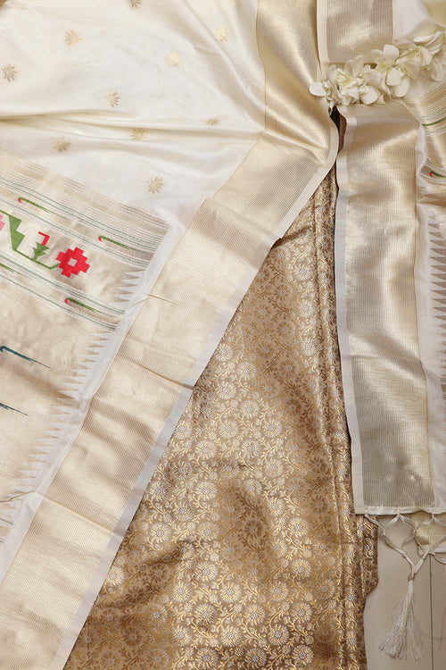Green Handloom Banarasi Silk Brocade Sona Roopa Flower Design Suit With White Paithani Silk Pichwai Cow Design Dupatta - Luxurion World