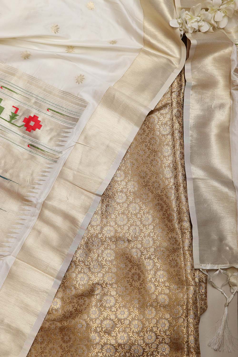 Green Handloom Banarasi Silk Brocade Sona Roopa Flower Design Suit With White Paithani Silk Pichwai Cow Design Dupatta - Luxurion World