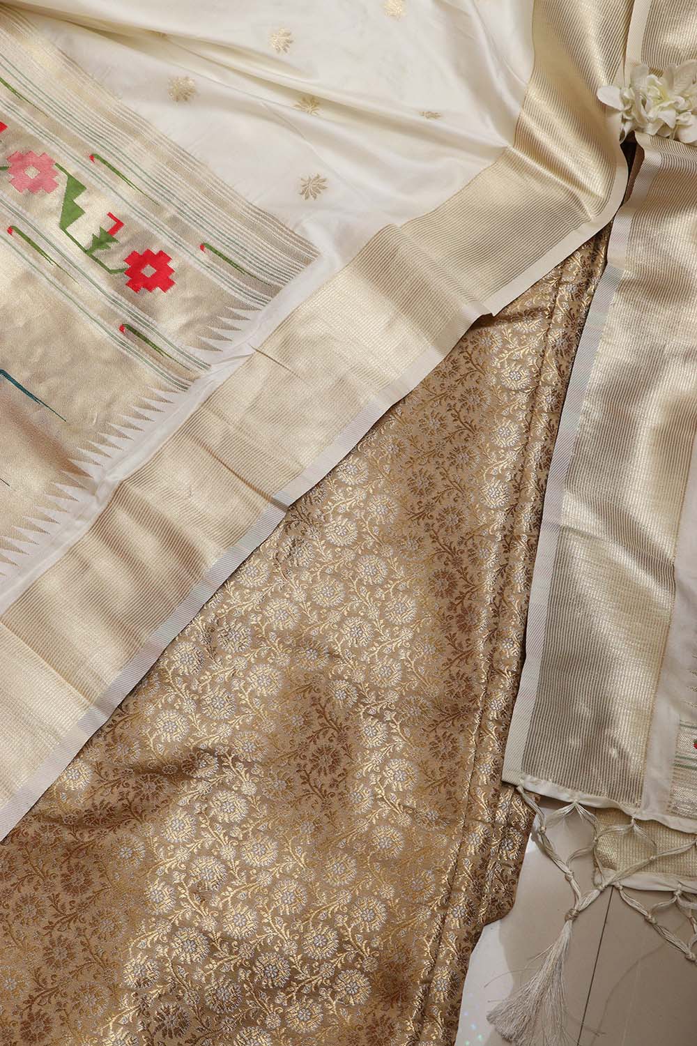Green Handloom Banarasi Silk Brocade Sona Roopa Flower Design Suit With White Paithani Silk Pichwai Cow Design Dupatta - Luxurion World