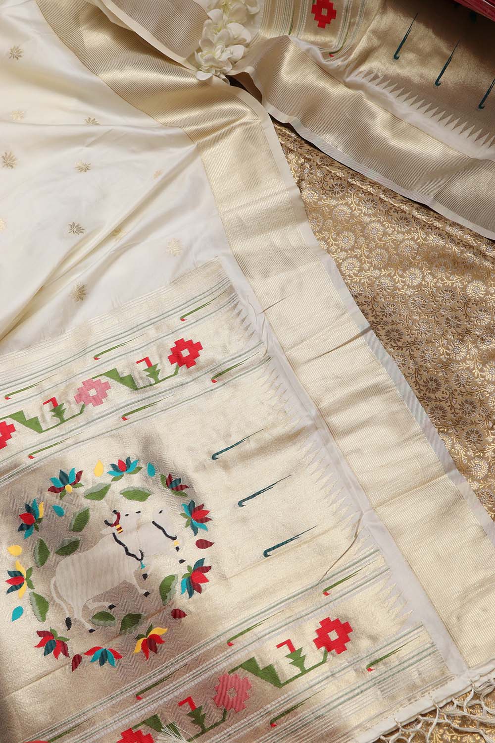 Green Handloom Banarasi Silk Brocade Sona Roopa Flower Design Suit With White Paithani Silk Pichwai Cow Design Dupatta - Luxurion World