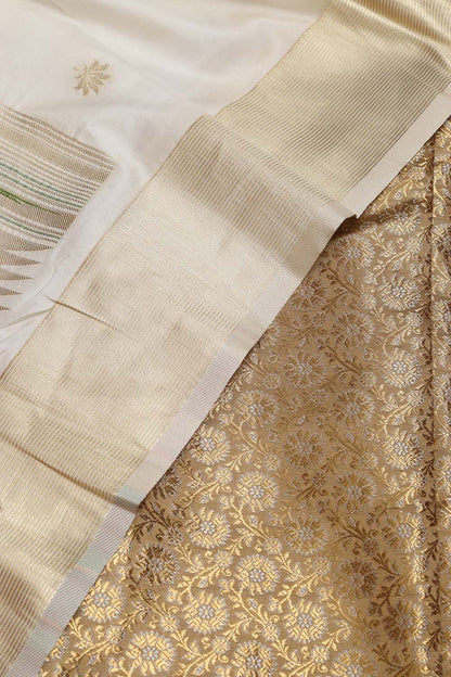 Green Handloom Banarasi Silk Brocade Sona Roopa Flower Design Suit With White Paithani Silk Pichwai Cow Design Dupatta