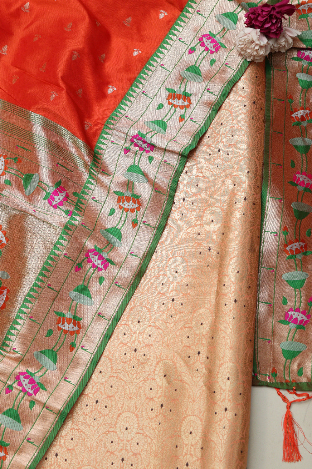 peach-banarasi-brocade-suit-with-orange-paithani-silk-flower-design-dupatta
