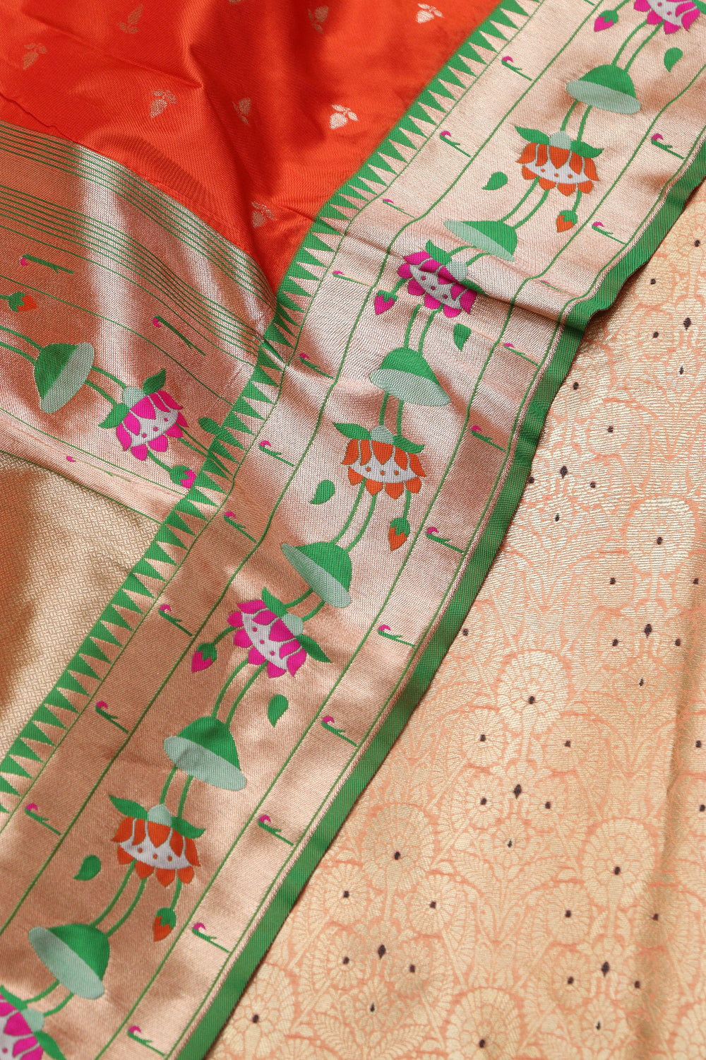 peach-banarasi-brocade-suit-with-orange-paithani-silk-flower-design-dupatta
