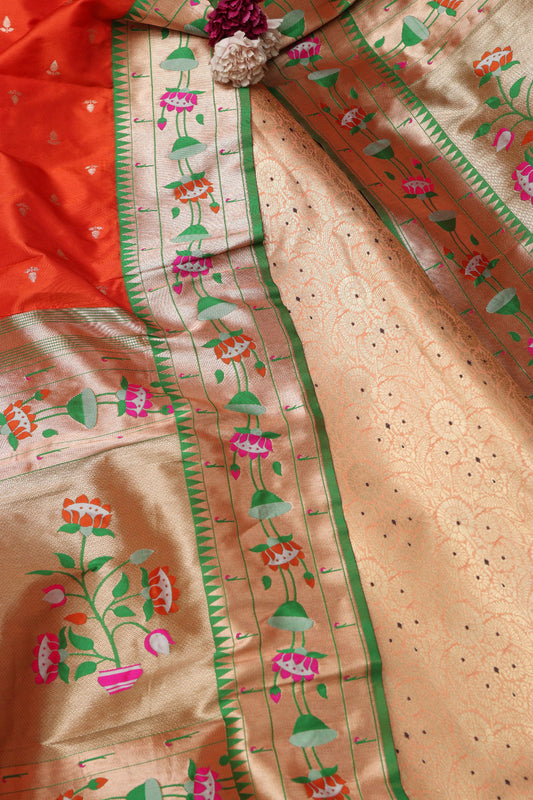 Peach Banarasi Brocade Suit With Orange Paithani Silk Flower Design Dupatta - Luxurion World