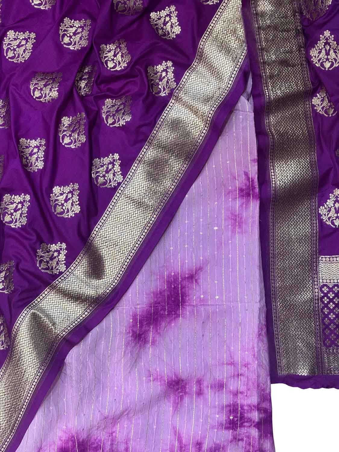 Purple Banarasi Silk Dupatta with Trendy Cotton Silk Tie & Dye Fabric - Luxurion World