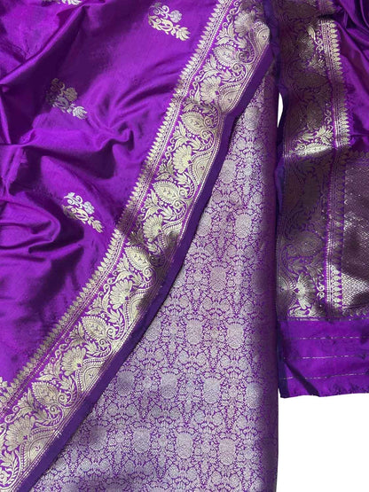 Purple Pure Silk Banarasi Three piece Unstitched Suit With Katan Silk Dupatta