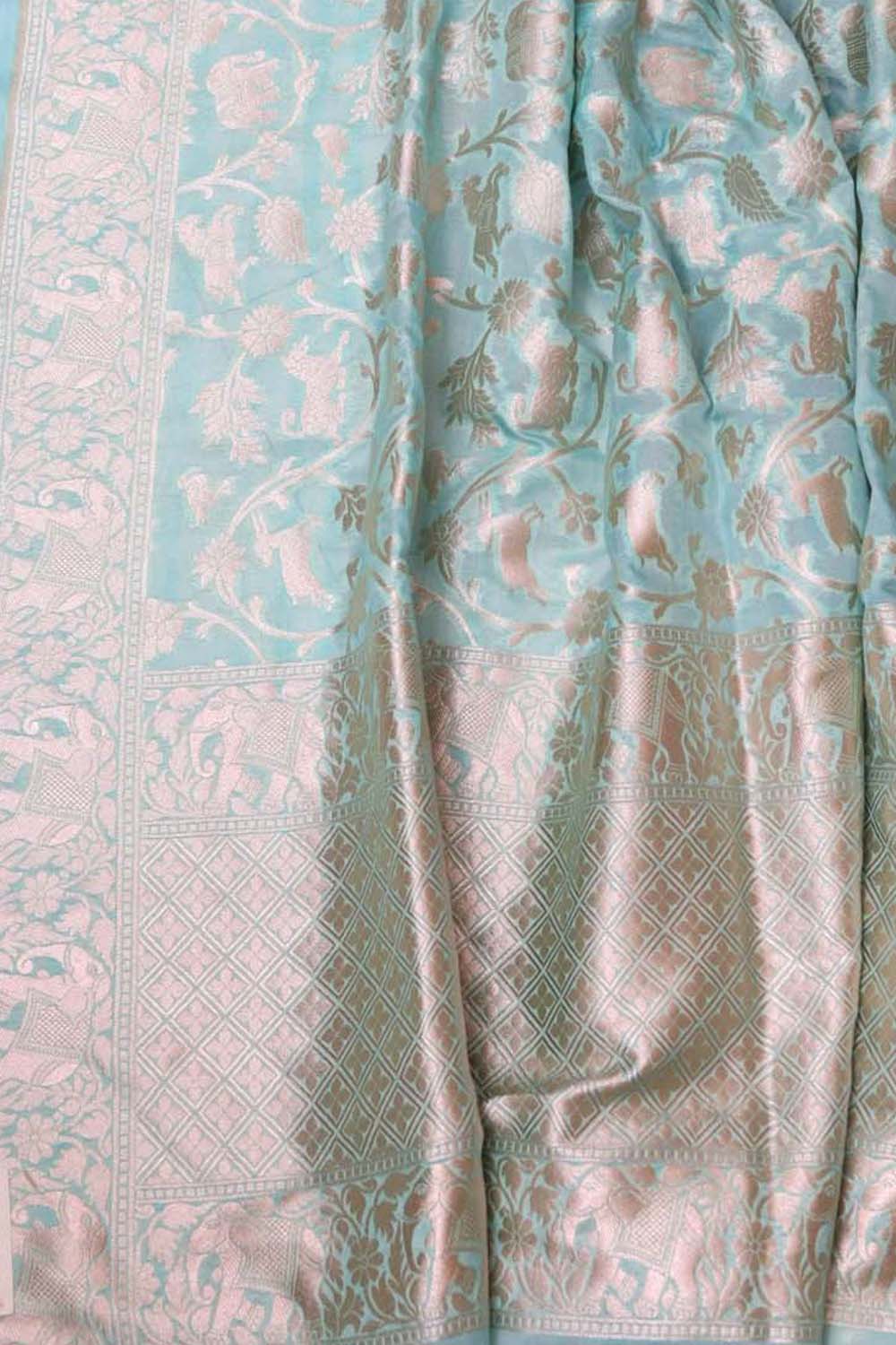 Blue Banarasi Plain Silk Suit with Banarsi Sikargha Dupatta-Set 3 Piece - Luxurion World