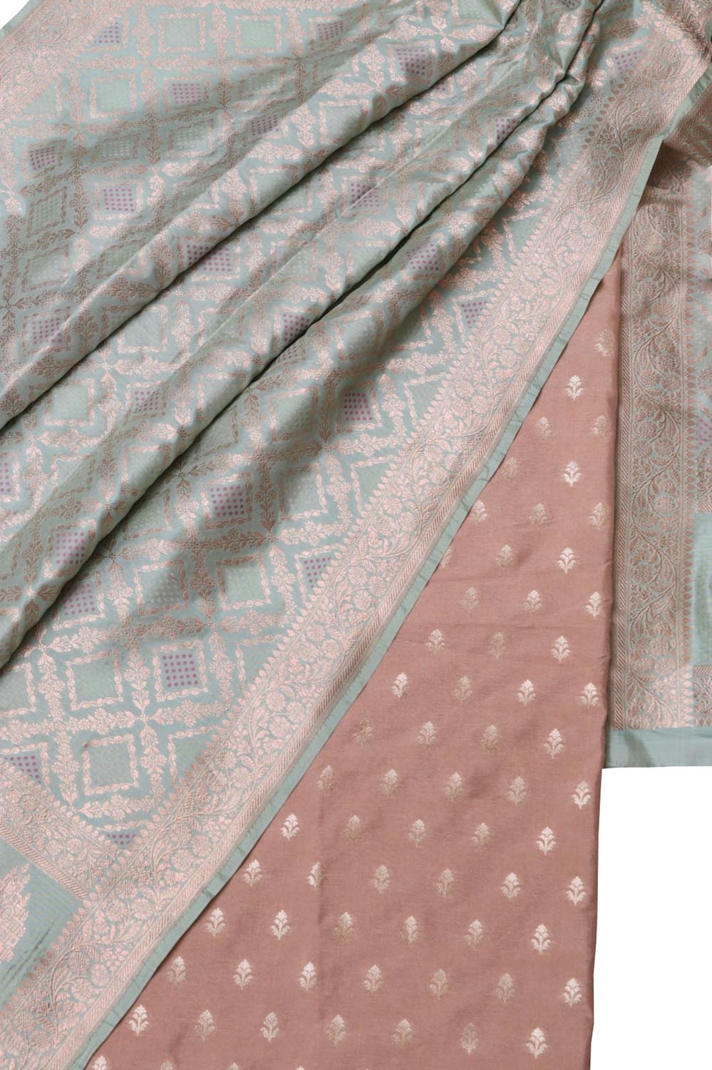 Pink Banarasi Silk Suit with Blue Pure Katan Banarasi Silk Dupatta Set 3 Piece - Luxurion World