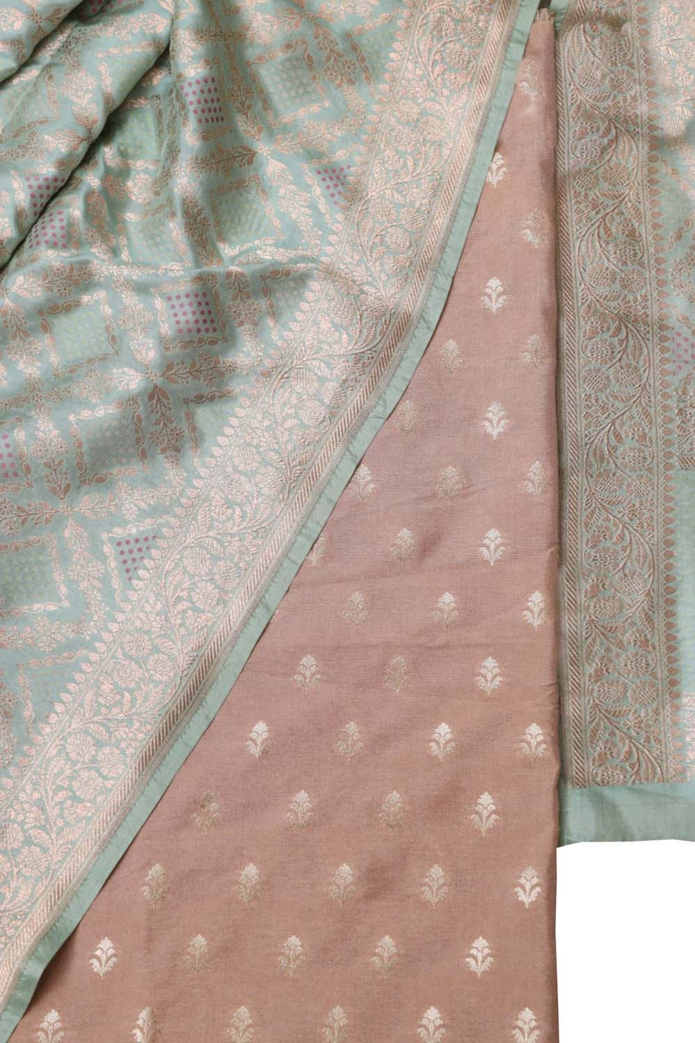 Pink Banarasi Silk Suit with Blue Pure Katan Banarasi Silk Dupatta Set 3 Piece - Luxurion World