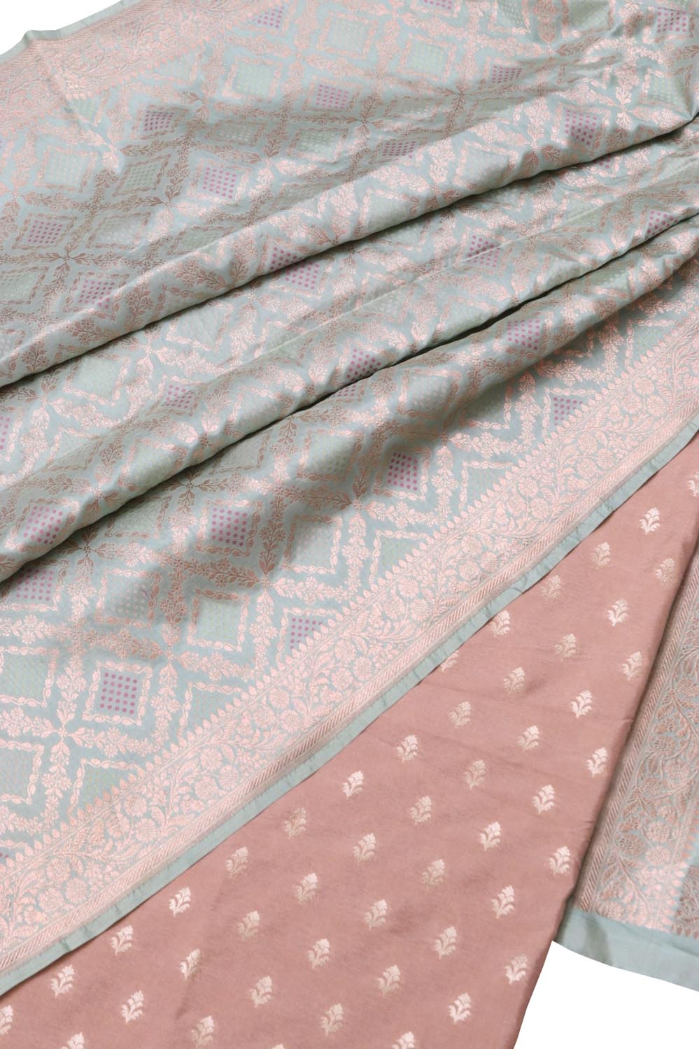 Pink Banarasi Silk Suit with Blue Pure Katan Banarasi Silk Dupatta Set 3 Piece - Luxurion World