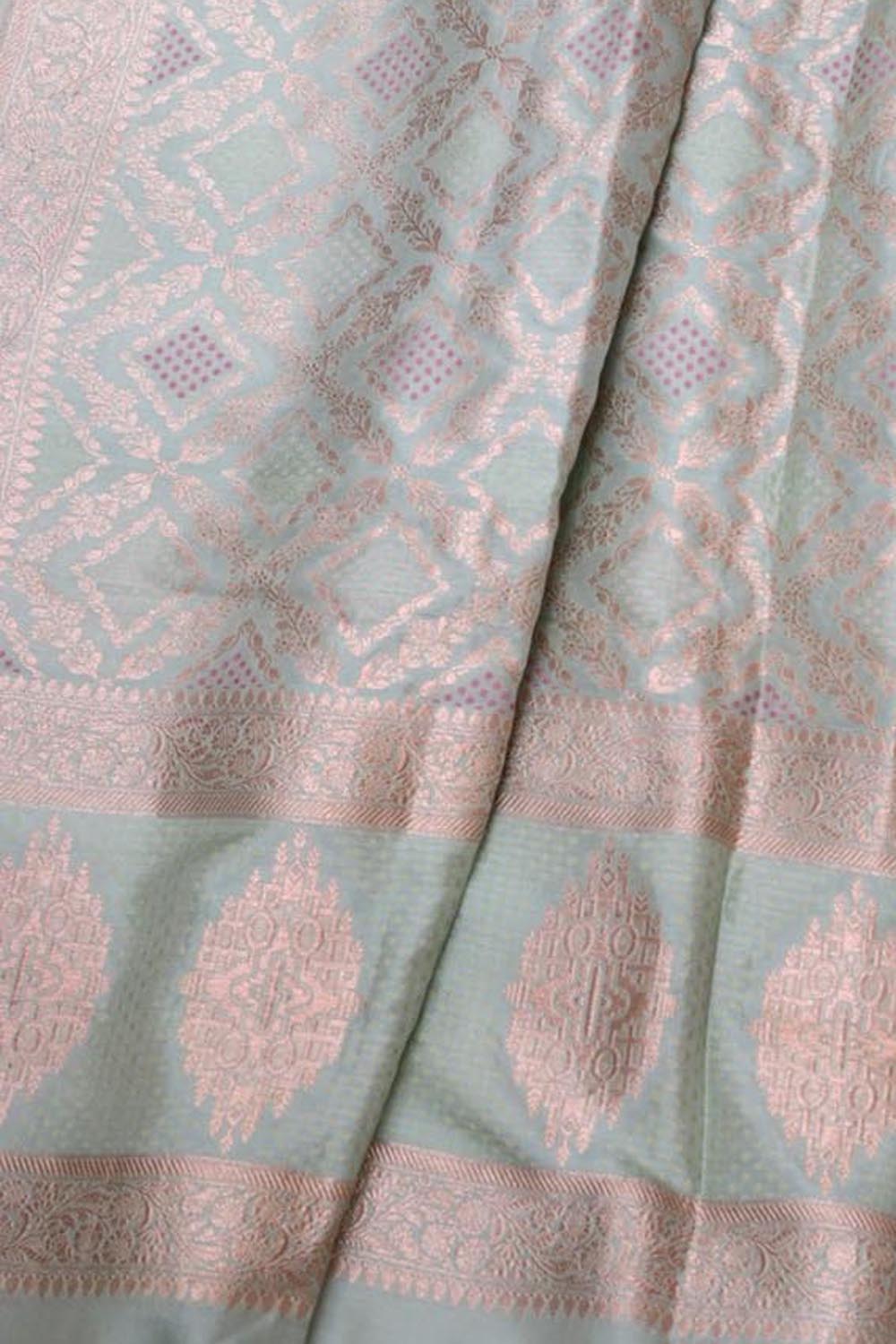 Pink Banarasi Silk Suit with Blue Pure Katan Banarasi Silk Dupatta Set 3 Piece - Luxurion World