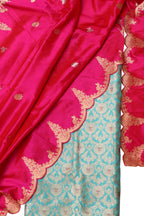 Blue Pure Katan Silk Suit with Pure Scallop Border Pink Banarasi Silk Dupatta Set 3 Piece - Luxurion World