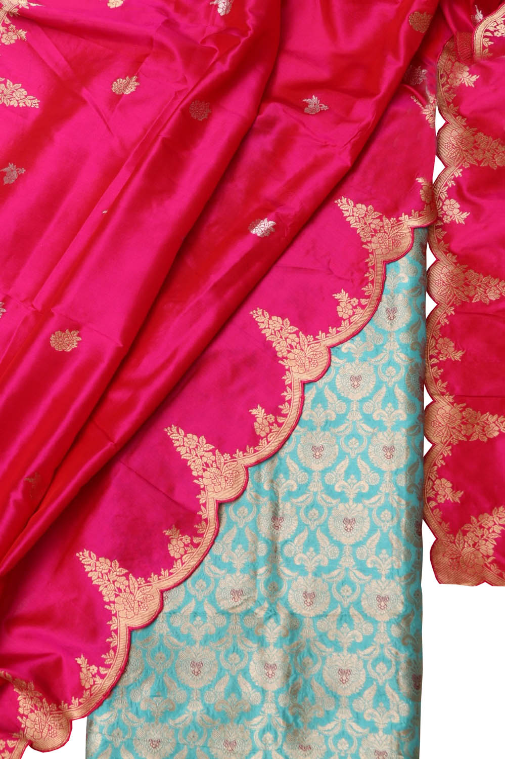 Blue Pure Katan Silk Suit with Pure Scallop Border Pink Banarasi Silk Dupatta Set 3 Piece - Luxurion World