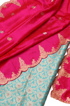 Blue Pure Katan Silk Suit with Pure Scallop Border Pink Banarasi Silk Dupatta Set 3 Piece - Luxurion World
