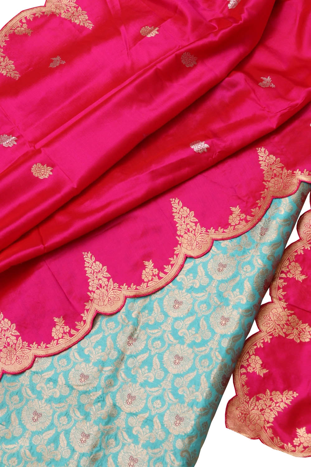 Blue Pure Katan Silk Suit with Pure Scallop Border Pink Banarasi Silk Dupatta Set 3 Piece - Luxurion World