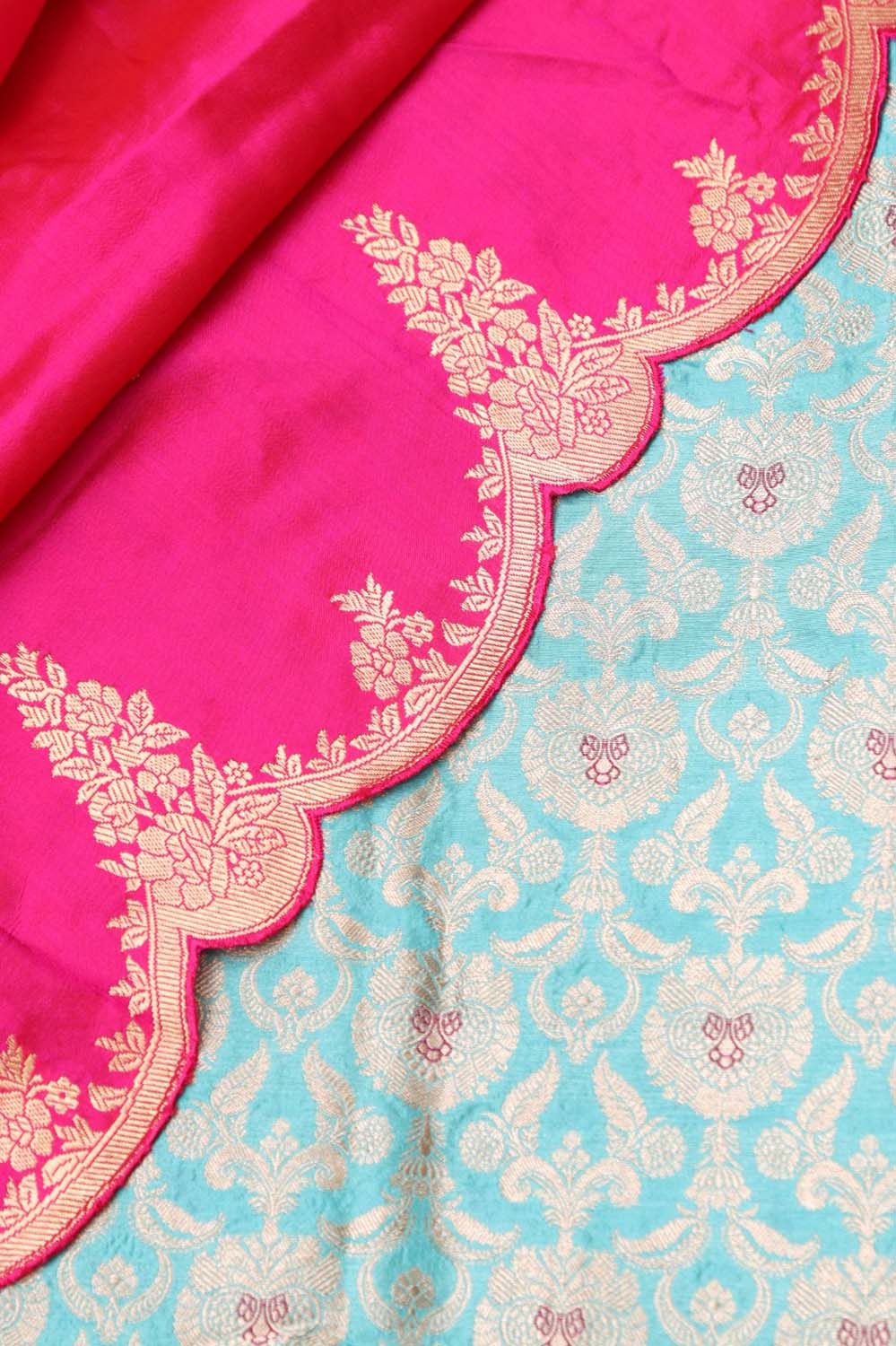 Blue Pure Katan Silk Suit with Pure Scallop Border Pink Banarasi Silk Dupatta Set 3 Piece - Luxurion World