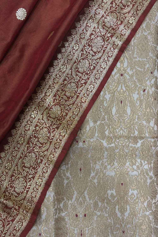 Golden Banarasi Kimkhwab Silk Suit With Brown Handloom Banarasi Pure Katan Silk Booti Design Dupatta - Luxurion World
