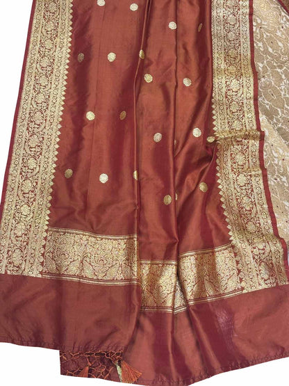 Golden Banarasi Kimkhwab Silk Suit With Brown Handloom Banarasi Pure Katan Silk Booti Design Dupatta - Luxurion World