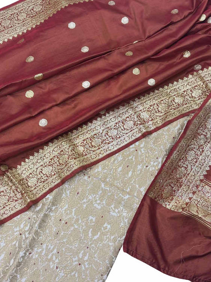 Golden Banarasi Kimkhwab Silk Suit With Brown Handloom Banarasi Pure Katan Silk Booti Design Dupatta - Luxurion World